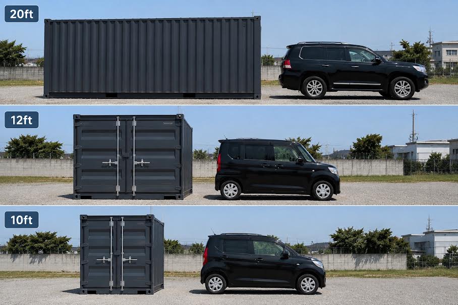 20ft・12ft・10ftコンテナと車のサイズ比較